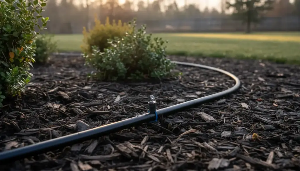 Illustrative image of a drip line running through a mulched planting bed