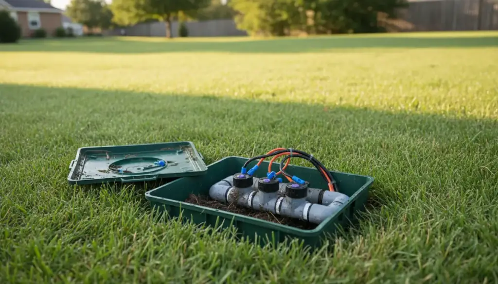 Illustrative image of an opened valve box with a manifold and wiring